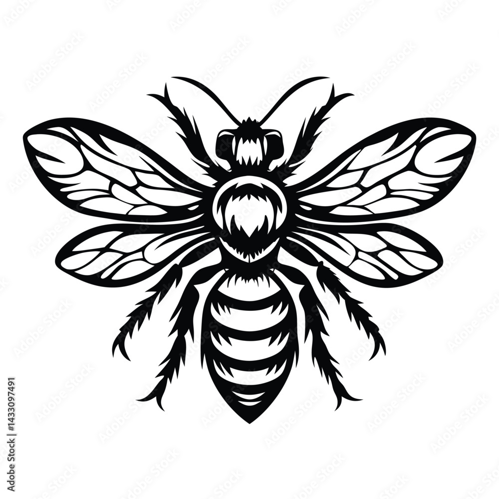 Intricate Black and White Bee Design Isolated on White Background Detailed Wings Intricate Black and White Bee Design Isolated on White Background Detailed Wings