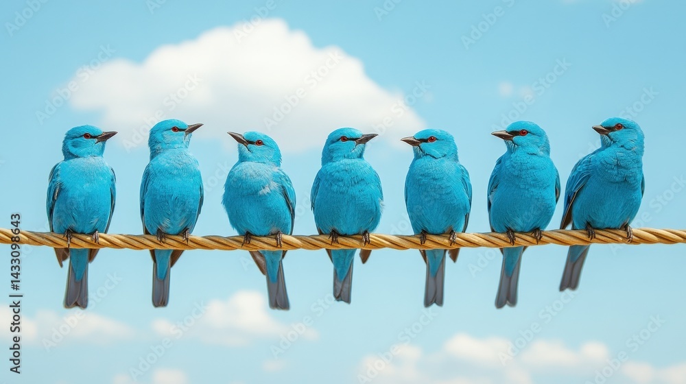 Obraz premium A row of vibrant blue birds perched on a light-colored rope against a clear sky.