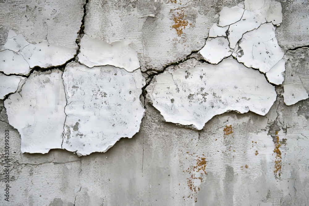 Obraz premium Aged concrete wall displaying extensive cracking and peeling paint.