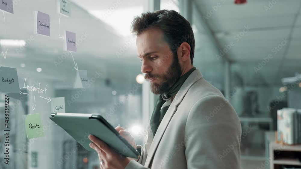 Businessman, writing and brainstorming with tablet on glass board for agenda or project tasks. Man, employee or planner with technology, ideas or sticky notes for work mindmap or schedule planning Businessman, writing and brainstorming with tablet on glass board for agenda or project tasks. Man, employee or planner with technology, ideas or sticky notes for work mindmap or schedule planning