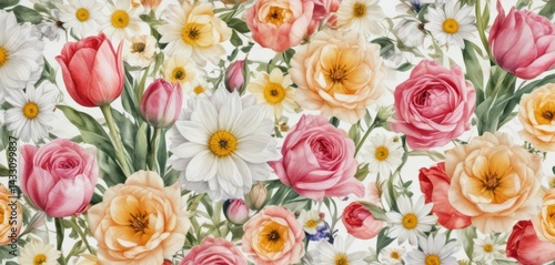 Vibrant watercolor blooms; roses, tulips, daisies White background , pattern, illustration