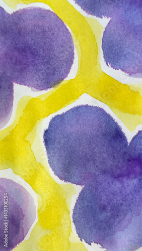 黄色い背景にすみれの花、黄色と紫色の水彩画、黄色と紫色の背景イラスト、すみれの花の背景イラスト