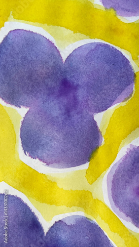 黄色い背景にすみれの花、黄色と紫色の水彩画、黄色と紫色の背景イラスト、すみれの花の背景イラスト