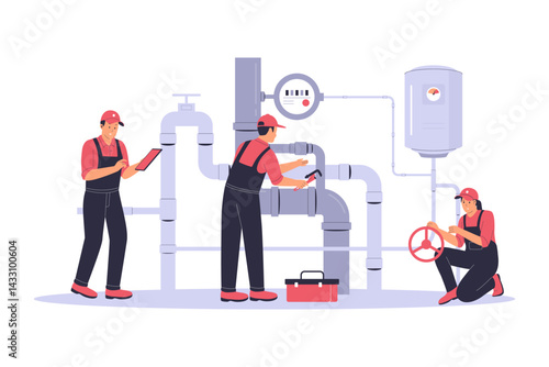 Plumbers Working on Pipes with Toolbox and Pressure Gauge Illustration. Illustration for website, landing page, mobile app, poster and banner. Trendy flat vector illustration