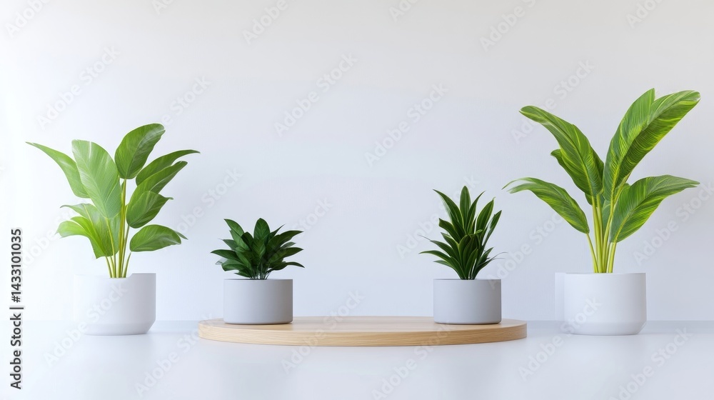 Fototapeta premium Minimalist plant display on a wooden podium. Fresh greenery in simple white and gray pots against a white backdrop. Ideal for showcasing products or highlighting the beauty of nature