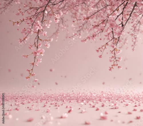 Delicate pink sakura petals drift on a pastel backdrop ,  calm,  beauty
