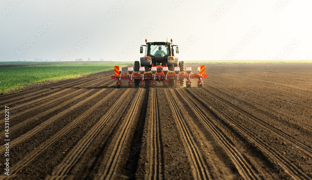 Fototapeta premium Farmer with tractor seeding in sunset