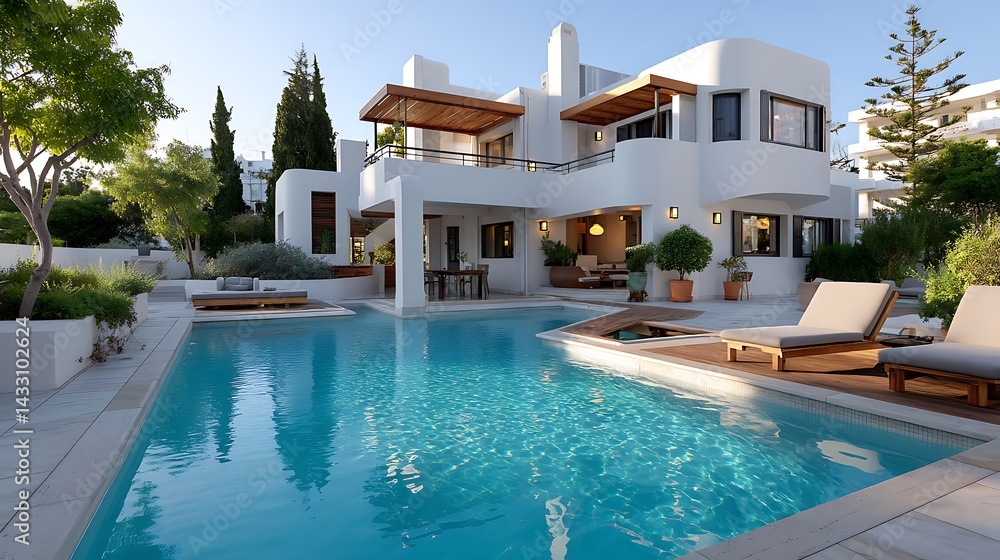 Fototapeta premium Luxurious Modern White Villa with Infinity Pool Outdoor Lounge and Landscaped Gardens