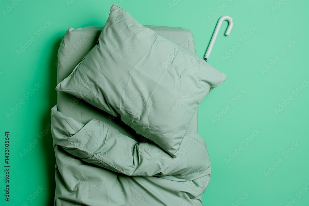 Mint green bed setting with pillow and cane on green background Mint green bed setting with pillow and cane on green background