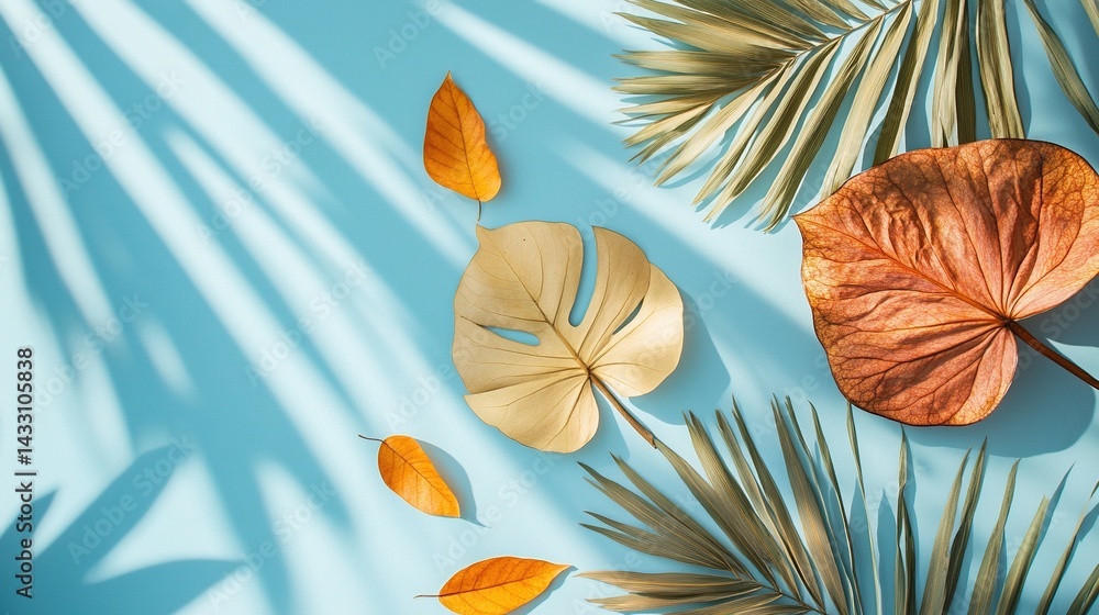 Obraz premium Flat lay of dried flowers and tropical leaves, framed in boho style, on a soft blue background with warm sunlight and empty space.