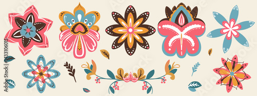 Flowers set with Folklore pattern. Traditional folk ornament. Original Floral design with exotic flowers and leaves. Vector illustration