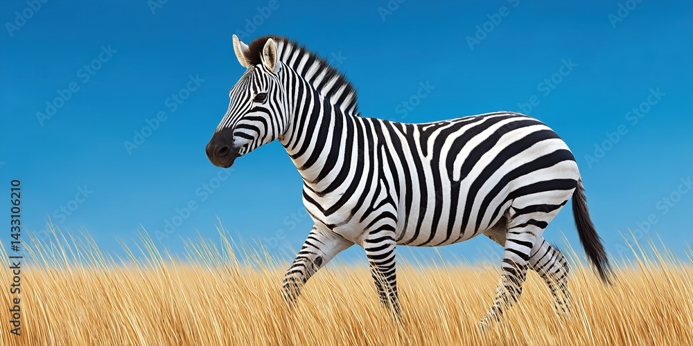 Fototapeta premium Dynamic African Zebra Running on Savanna: Creative Abstract Commercial Background. Vibrant Blue Sky and Natural Landscape Blend with Artistic Design Elements. High-Quality AI-Generated Wallpaper for P