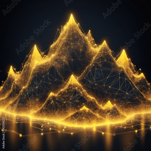 A futuristic yellow-toned wireframe mountain chart made of low poly peaks and triangular segments. Glowing edges, connected points, and particle lights illustrate data growth and technology concepts. 