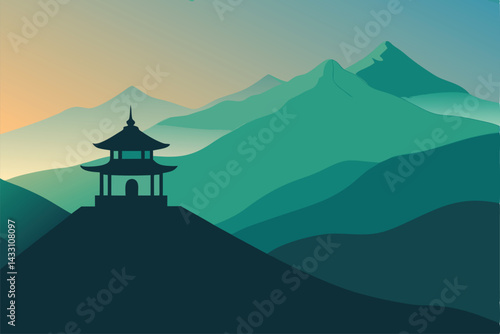 misty hilltop with temple bell ringing .eps
