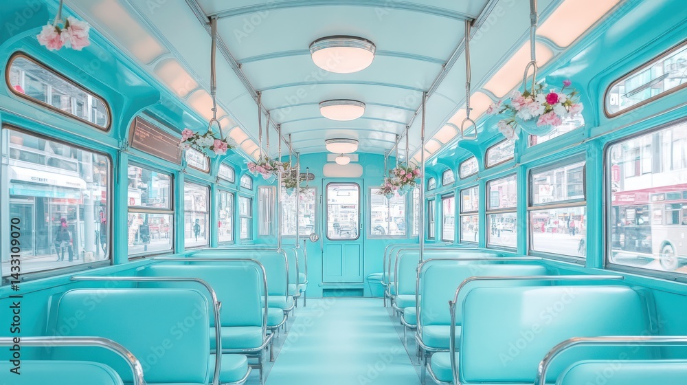 Obraz premium Pastel-blue city tram interior, empty seats, street view