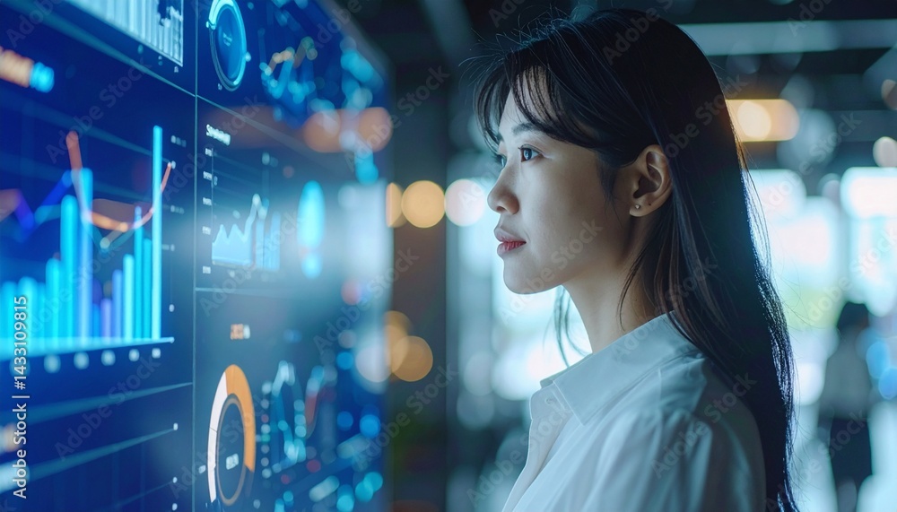 Data Analyst Examining Business Intelligence Dashboard Displays Key Performance Indicators Data Analyst Examining Business Intelligence Dashboard Displays Key Performance Indicators