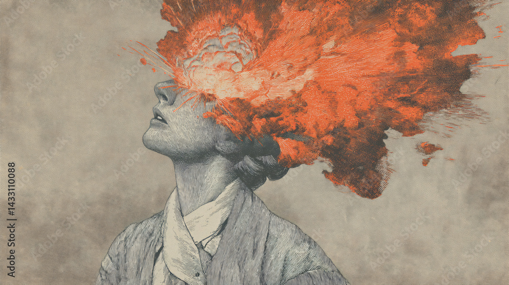 Exploding with Passion: An artistic portrayal of a person's mind and emotions, capturing an explosion of vibrant colors and raw energy.