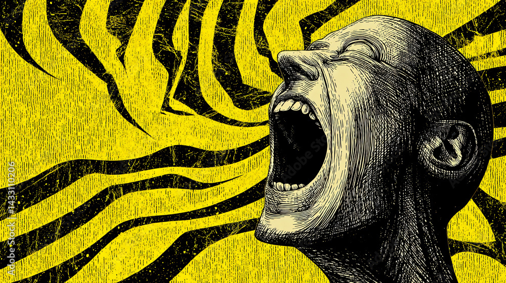 Anguish Unleashed: A dramatic portrait captures the raw intensity of human emotion, as a figure with contorted features and a screaming mouth symbolizes the overwhelming nature of anguish.