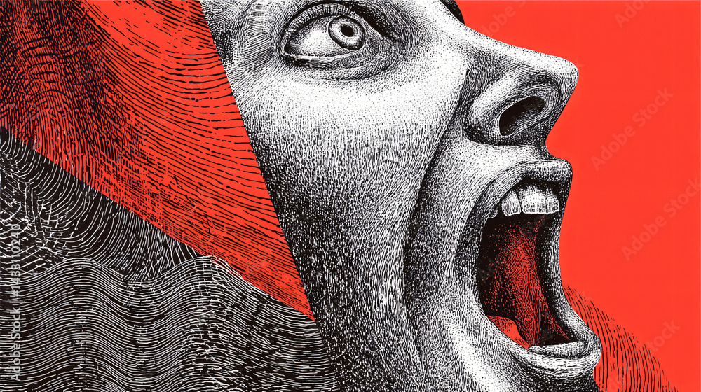 A Face in the Echo: The stark image captures the essence of terror, screaming in desperation, fear and extreme anguish against a vibrant red backdrop.