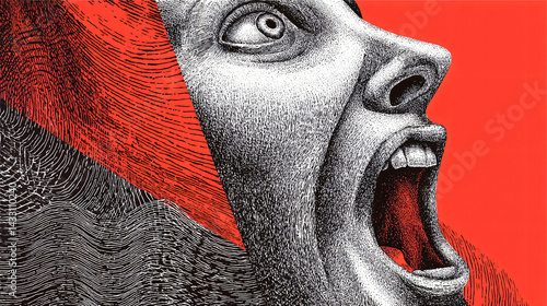 Obraz na płótnie A Face in the Echo: The stark image captures the essence of terror, screaming in desperation, fear and extreme anguish against a vibrant red backdrop. w salonie