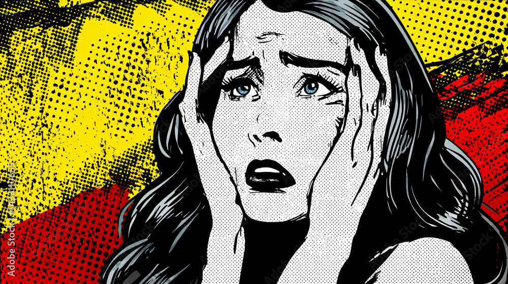 Despair and Discomfort: A person looks with intense distress on their face, captured with a graphic art style, head in hands. The background has a striking aesthetic.