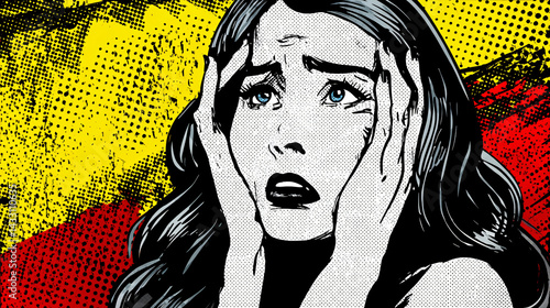 Obraz na płótnie Despair and Discomfort: A person looks with intense distress on their face, captured with a graphic art style, head in hands. The background has a striking aesthetic. w salonie