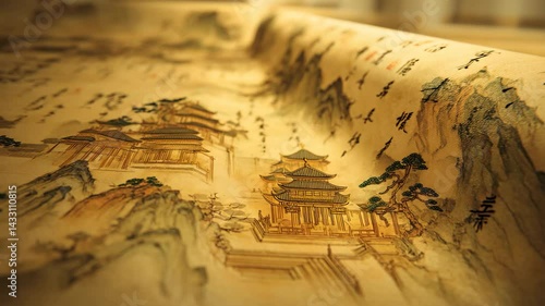 Traditional Chinese ink scroll reveals ancient architecture nestled in misty mountains, blending historical artistry with Asian landscape painting