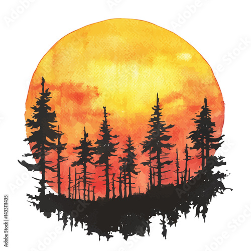 Sunset Behind A Silhouette Of Trees, watercolor vector, isolated on a white background.