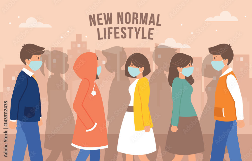 People Walking on Street with Masks and Social Distancing in the New Normal People Walking on Street with Masks and Social Distancing in the New Normal