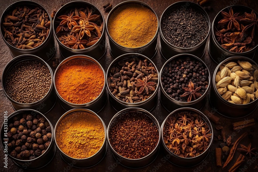 A captivating overhead view of assorted Indian chai spices in stylish metal tins. A captivating overhead view of assorted Indian chai spices in stylish metal tins.