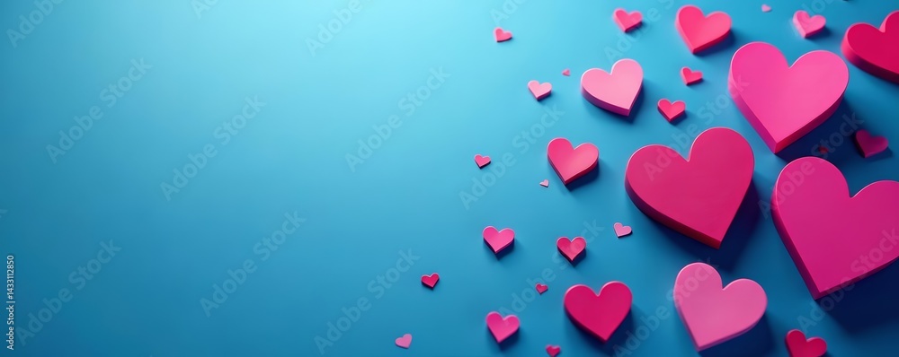 Blue background with heart shapes in various sizes and shades of pink and red, celebration, holiday Blue background with heart shapes in various sizes and shades of pink and red, celebration, holiday