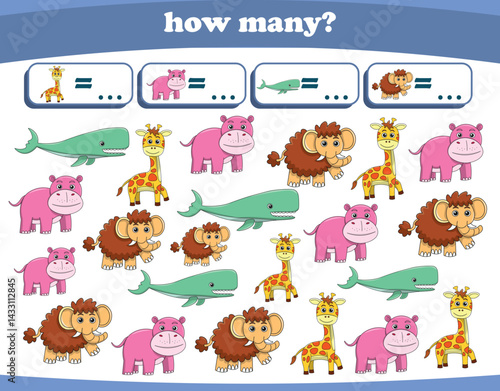 Counting game of wild animals for preschool kids. Printable. Vector Illustration