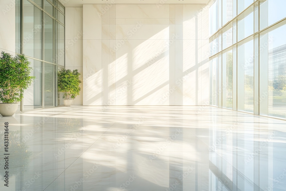 Fototapeta premium Empty, sunlit modern interior space with large windows.