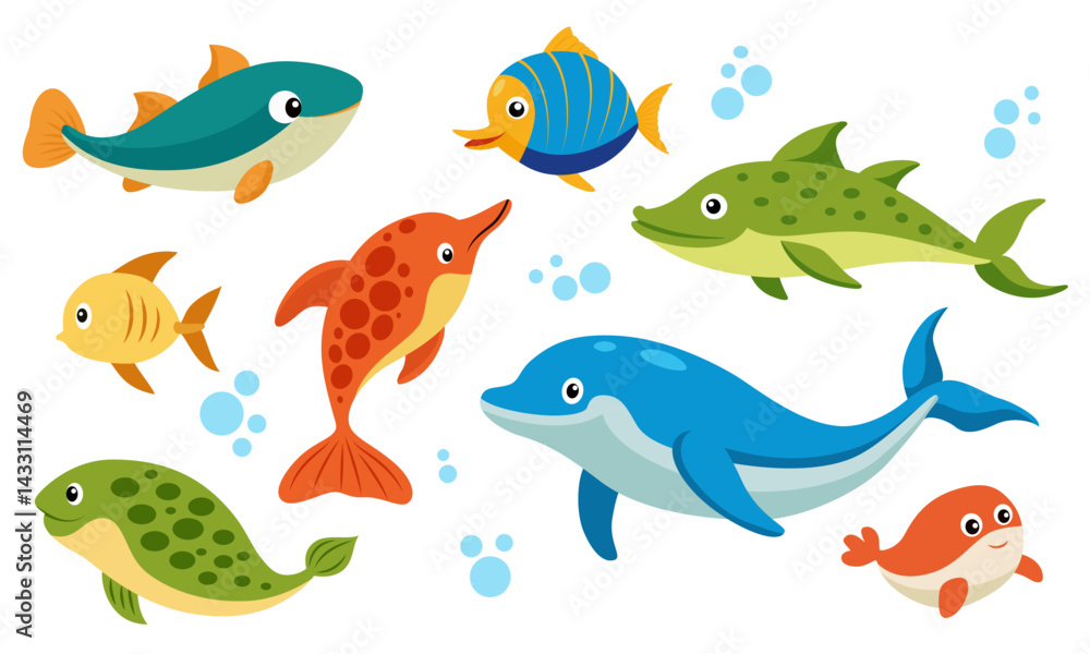 A set of cute cartoon fish. The ocean world. Marine animals. A set of cute cartoon fish. The ocean world. Marine animals.