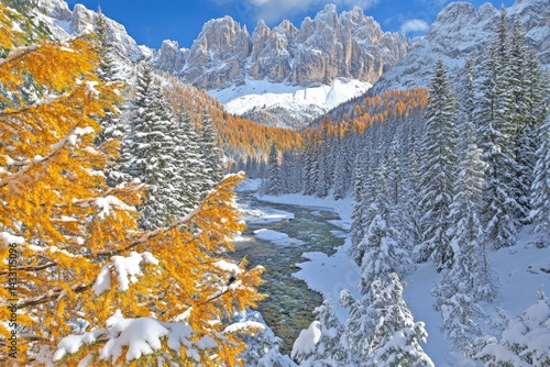 Snowy, Autumnal Mountain River Valley