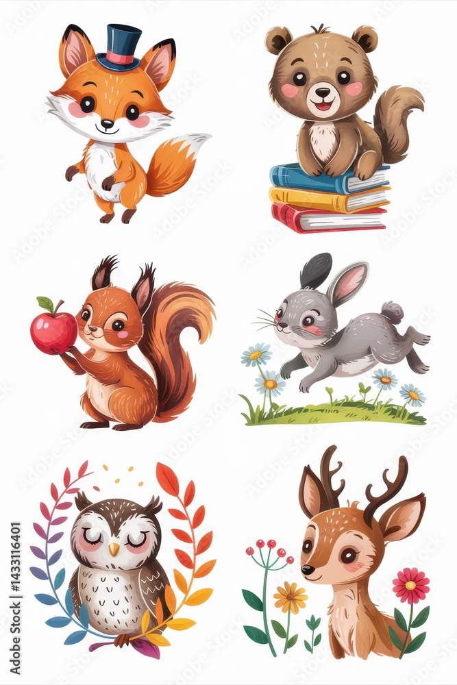 Fototapeta premium Cute woodland animal illustrations in a whimsical children's design.