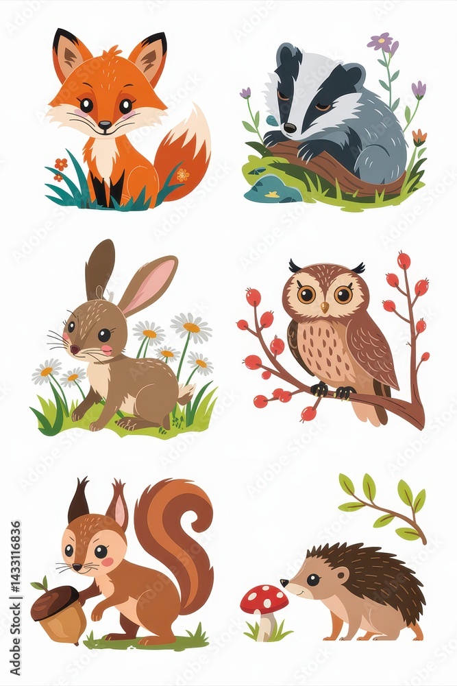 Cute woodland creatures in a playful arrangement. Cute woodland creatures in a playful arrangement.