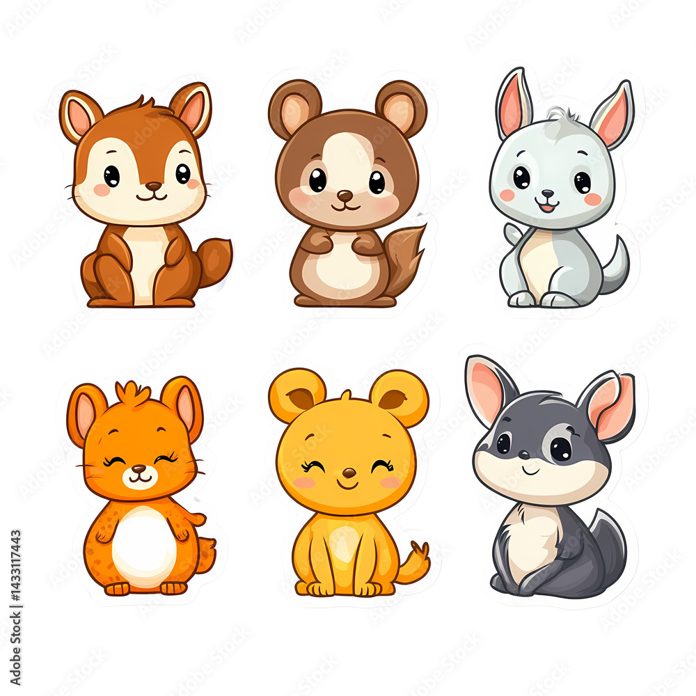 Adorable cartoon animals in a playful style, perfect for children's designs or educational materials. Adorable cartoon animals in a playful style, perfect for children's designs or educational materials.