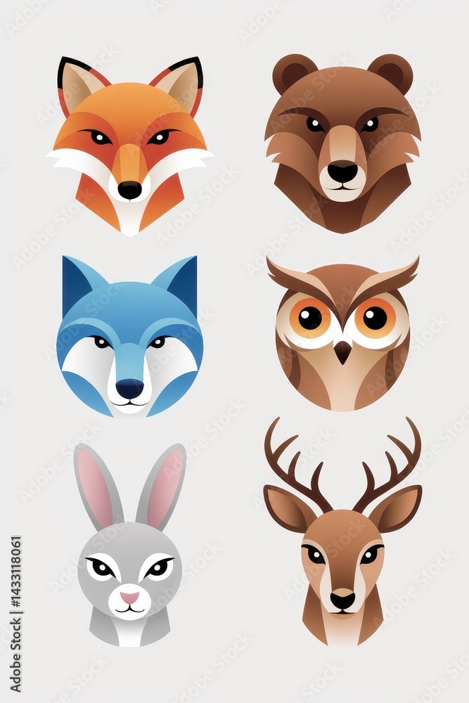 Six stylized animal head portraits, showcasing geometric design. Six stylized animal head portraits, showcasing geometric design.