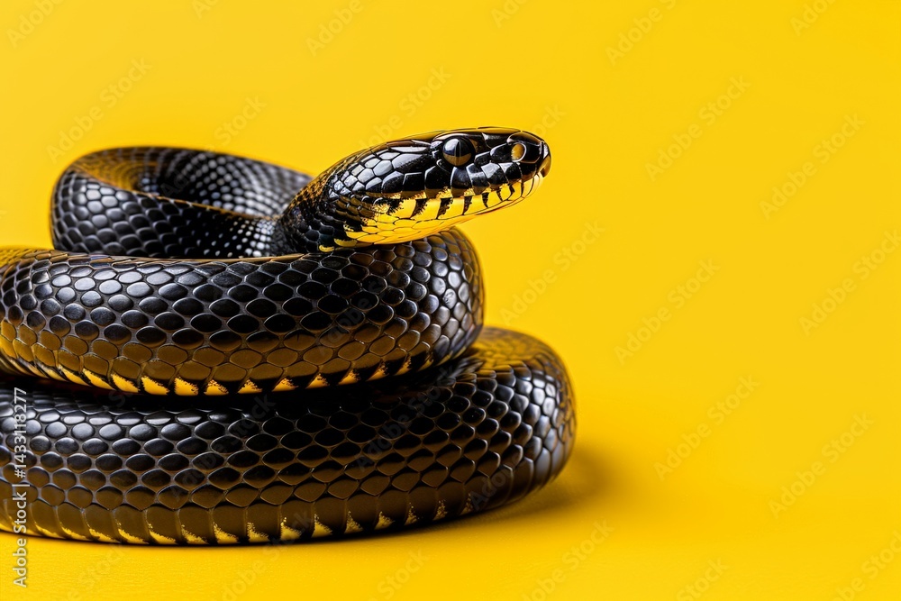 Naklejka premium Coiled black snake on bright yellow background: striking contrast and texture details