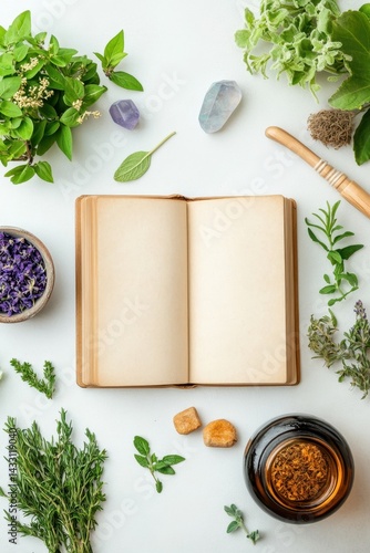 Herbal Remedies and Open Notebook with Crystals and Plants for Holistic Healing.