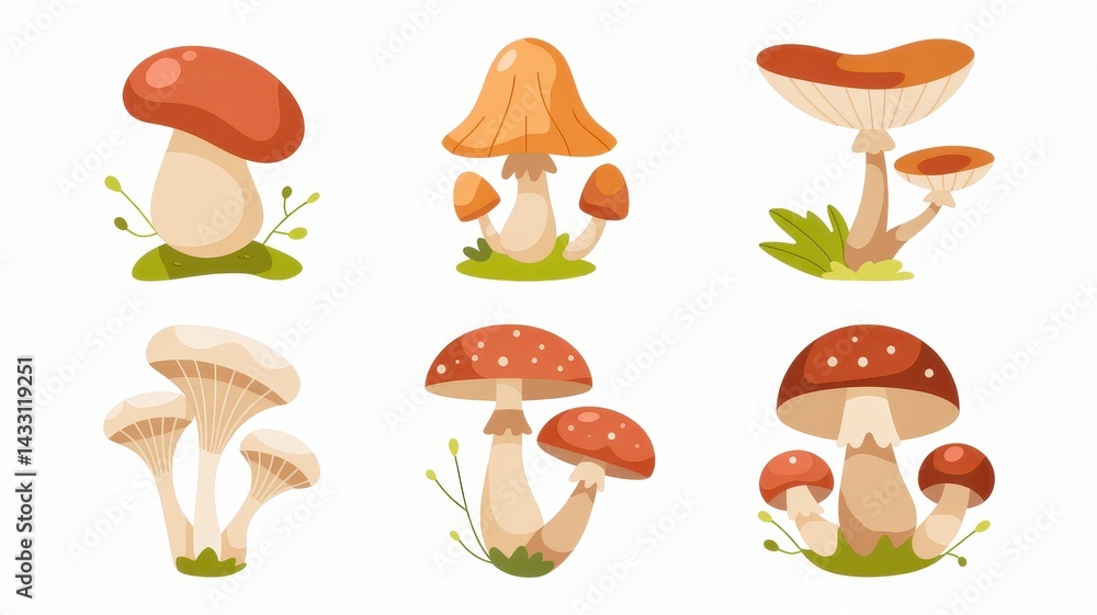 Colorful collection of various mushroom species with earthy tones. Colorful collection of various mushroom species with earthy tones.