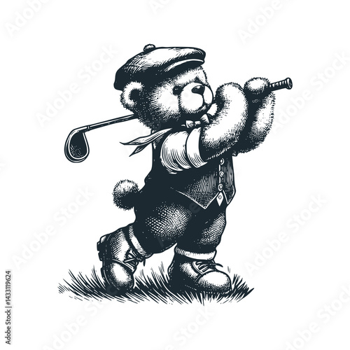 Teddy bear playing golf – Black and White Icon Vector and Illustration