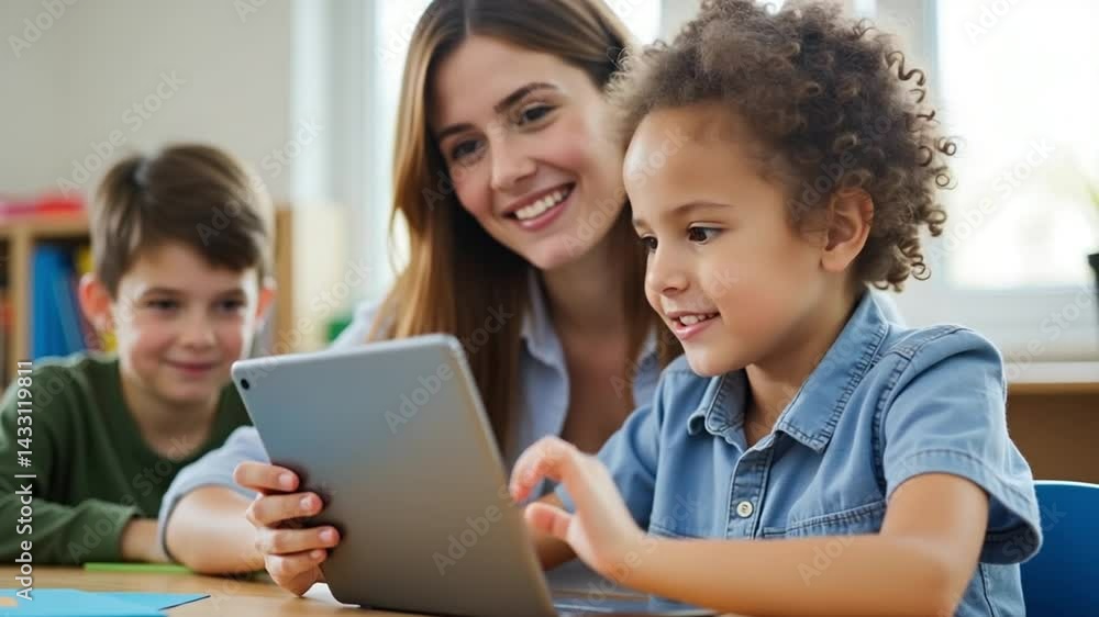 Happy Kindergarten Teacher Using Tablet Computer to Engage Students
Happy Kindergarten Teacher Using Tablet Computer to Engage Students