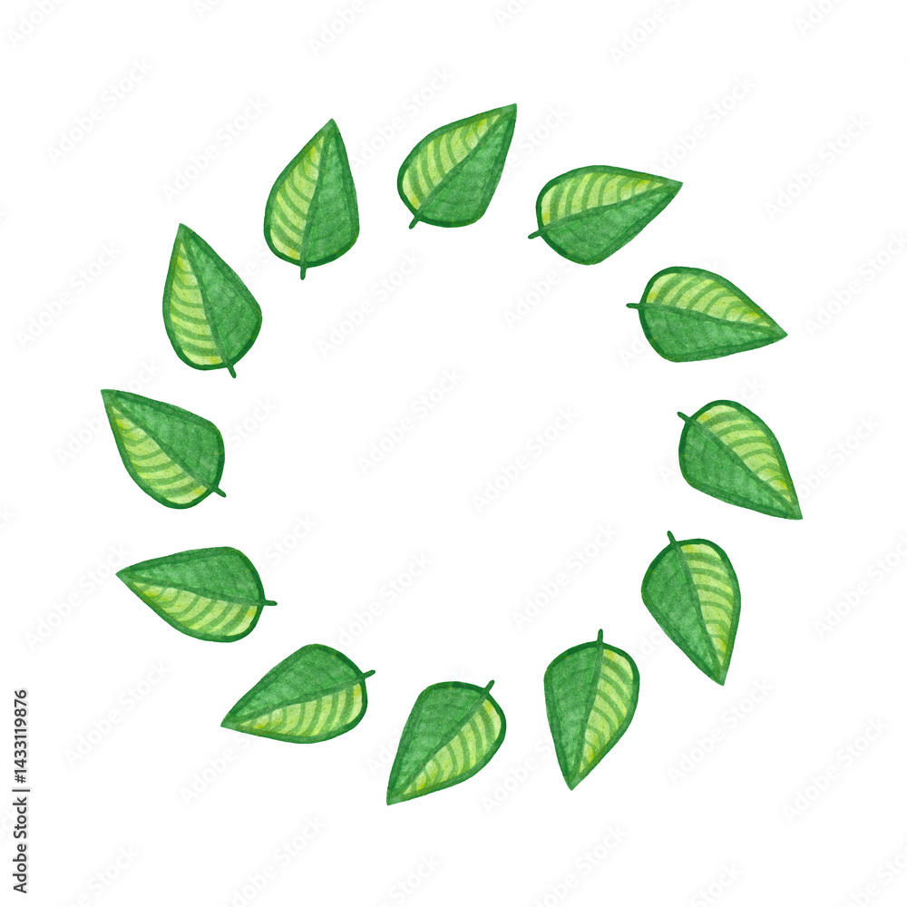 Round frame of green watercolor leaves. Watercolor decorative element.