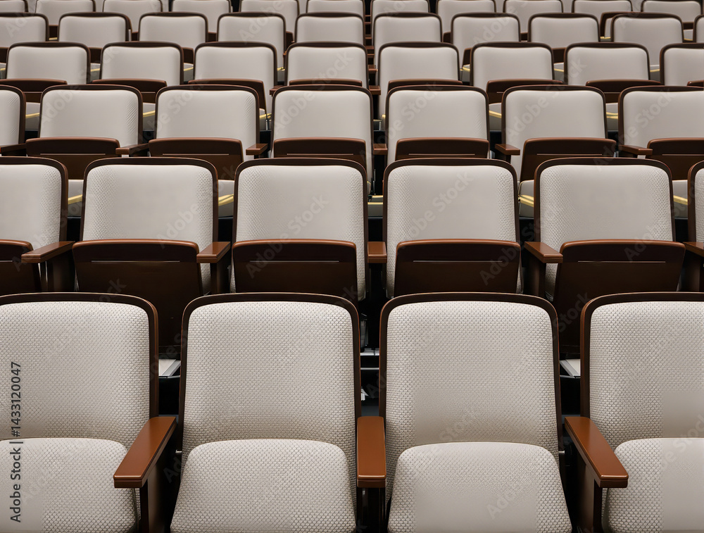 Fototapeta premium rows of seats with dark brown armrests in an auditorium.