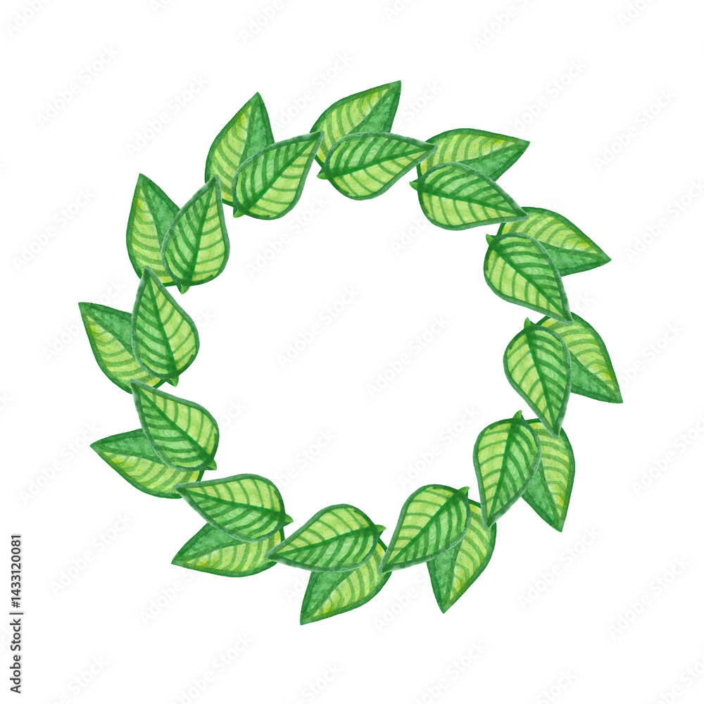 Round frame of green watercolor leaves. Watercolor decorative element.
