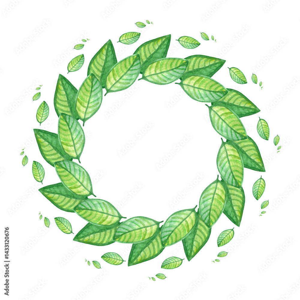Round frame of green watercolor leaves. Watercolor decorative element.