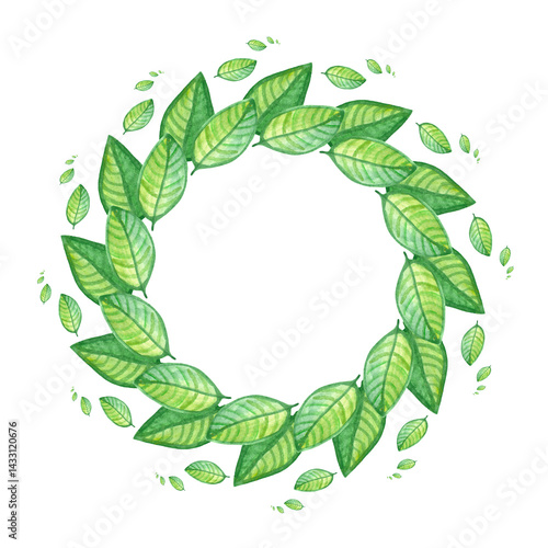 Round frame of green watercolor leaves. Watercolor decorative element.