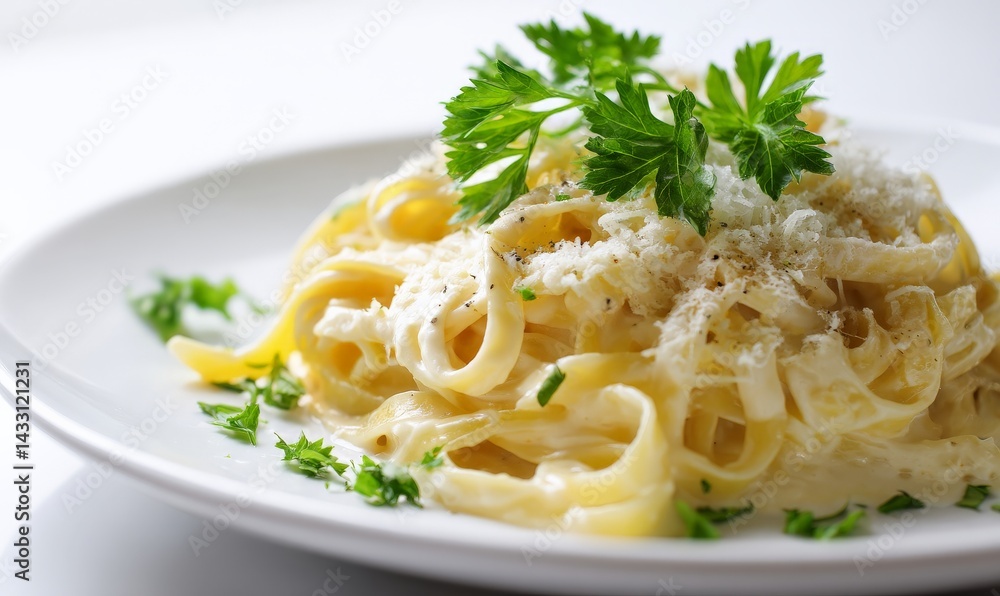 A plate of creamy fettuccine Alfredo garnished with fresh parsley and sprinkled with Parmesan cheese, with peppercorns and parsley in the background A plate of creamy fettuccine Alfredo garnished with fresh parsley and sprinkled with Parmesan cheese, with peppercorns and parsley in the background
